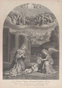 Neitsyt Maria palvoo Kristus-lapsia, enkeli pitelee orjantappurakruunua oikealla,..., n. 1729. tekijältä Frédéric Horthemels