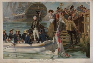 Nelson lähtee Portsmouthista purjehtiakseen Trafalgarille on the Victory (chromolitho)