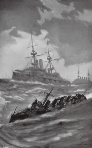 HMS Mars, Terrible ja Dragon risteilemässä Englannin kanaalissa (litografia). tekijältä Fred T. Jane