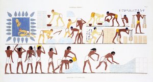 Brick-Making, harvinaisista Theban freskoista, nauhoitti Frederic Cailliaud (1787-1869) toisella Egyptin vierailullaan 1819-1822, väri litho
