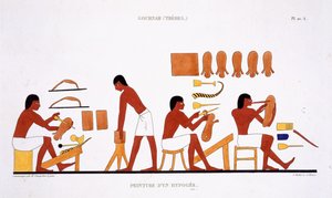 Nahkatyöläisiä harvinaisista Theban freskoista, jotka Frederic Cailliaud (1787-1869) nauhoitti toisella Egyptin vierailullaan 1819-1822, väri litho