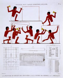 Kivenmuurarit työssä, harvinaisista Theban freskoista, nauhoitti Frederic Cailliaud (1787-1869) toisella Egyptin vierailullaan 1819-1822, väri litho