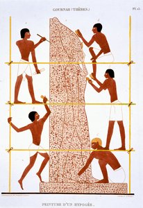 Kivenmuurarit tekivät valtavan faraon patsaan Theban harvinaisista freskoista, jotka on tallennettu 1819-1822 toisella vierailullaan Egyptiin