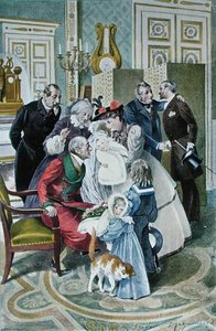 Vierailu isovanhempien luona, alkuperäisen akvarellin mukaan, 1800-luvun loppupuoli (värilitro). tekijältä Frederic (after) Regamey