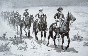 Yhdysvaltain "Buffalo Soldiers" marssimassa autiomaassa, vuoden 1888 piirroksesta (kaiverrus)