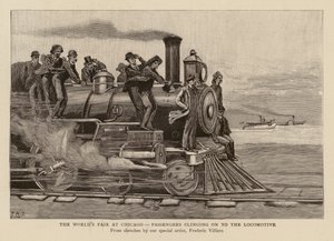 Matkustajat takertuvat veturiin maailmannäyttelyssä Chicagossa (kaiverrus). tekijältä Frederic (after) Villiers