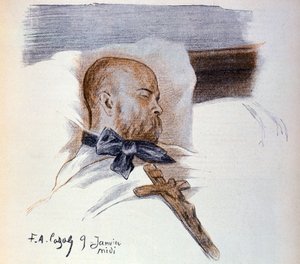 Ranskalainen runoilija Paul Verlaine (1844-1896) kuolinvuoteellaan (piirustus)