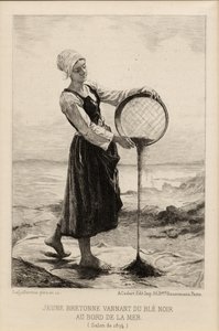 Nuori bretoni, joka niittää tattaria meren rannalla, Cadartin kaiverrus 1874 (painokuva).