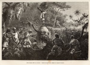 Abd es Samate, Mombuttous-kuninkaan Mounzan ystävä ja luutnantti, haastaa vihollisensa Zandes (tai niam niam), jotka julistivat heille sodan. Kaiverruksella Laguillermien piirustuksen jälkeen havainnollistetaan matkaa Afrikan sydämeen vuonna 1868- 1871, ki