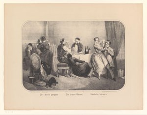 Ryhmä miehiä ja naisia ​​sisätiloissa Les maris garçons / Die freien Männer / Bachelor hubants (otsikko esineessä) tekijältä Frederic Charles Wentzel (possibly)