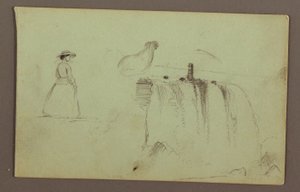 Piirros, Kävelevä tyttö, kyykistelevä kana ja Amerikan putoukset Niagara-joella, mahdollisesti 1856. tekijältä Frederic Edwin Church