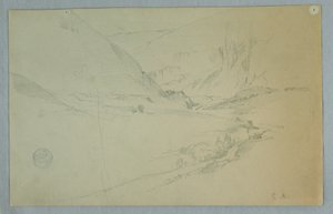 Piirros, Andien vuoristolaakso ja kiemurteleva puro, Kolumbia tai Ecuador, 1857 tekijältä Frederic Edwin Church