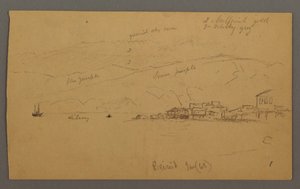 Piirros, Lahti talojen kanssa, takana vuoret, tammikuu 1868. tekijältä Frederic Edwin Church
