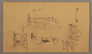 Piirros, linna, minareetti, purjeveneet, talo, toukokuu 1868 tekijältä Frederic Edwin Church
