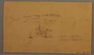 Piirros, linna, minareetti, purjeveneet, talo, toukokuu 1868 tekijältä Frederic Edwin Church