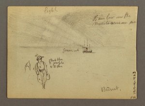 Piirros, Linna veden äärellä, vene, puita, mahdollisesti 1868 tekijältä Frederic Edwin Church