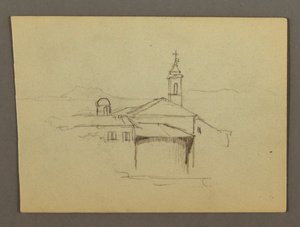 Piirustus, Kirkon torni ja rakennukset, mahdollisesti 1868-69. tekijältä Frederic Edwin Church