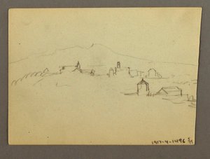 Piirustus, Kirkon torni ja rakennukset, mahdollisesti 1868-69. tekijältä Frederic Edwin Church