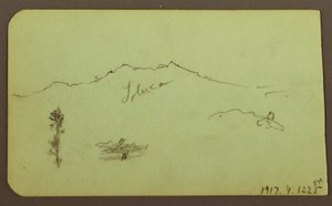 Piirros, kirkko; Kääntöpuoli: vuoristomaisema, "Taluca", 1883. tekijältä Frederic Edwin Church