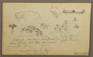 Piirros, kirkko, tornit; Kääntöpuoli: Hahmot kanootissa, kasvitieteellisiä luonnoksia, 1857. tekijältä Frederic Edwin Church