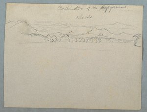Piirros, Pilvinen eteläamerikkalainen vuoristomaisema lahden rannalla, osa 2 , 1853, luultavasti toukokuu. tekijältä Frederic Edwin Church