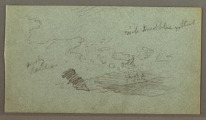 Piirros, Pilvet kukkuloiden yllä, matala aurinko, mahdollisesti 1874 tekijältä Frederic Edwin Church