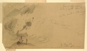 Piirros, Pilvinen iltataivas kukkuloiden yllä, heinäkuu 1866. tekijältä Frederic Edwin Church