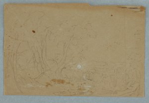Piirros, Pilvinen taivas mäkisessä maisemassa; Kääntöpuoli: Täysikuu heijastuu puroon, 1845-50. tekijältä Frederic Edwin Church