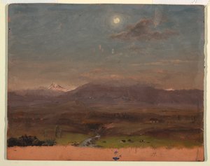 Piirros, Kolumbia tai Ecuador, vuoret, kuunvalo, 1853 tai 1857. tekijältä Frederic Edwin Church