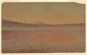 Piirros, Kaukaisnäkymä Katahdinin ja Travellerin vuorista Millinocket-järveltä, 1870-80. tekijältä Frederic Edwin Church