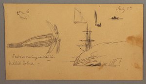 Piirros, Koira, purjeveneen tutkimuksia, ankkuri, kalliot, mahdollisesti 8. heinäkuuta 1859. tekijältä Frederic Edwin Church