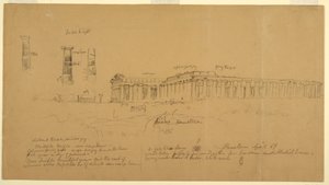 Piirustus, Athenen (entinen Ceres), Hera II:n (entinen Neptunus) ja Hera I:n (entinen Basilica) doriset kreikkalaiset temppelit, Paestum, Salerno, Italia, huhtikuu 1869. tekijältä Frederic Edwin Church