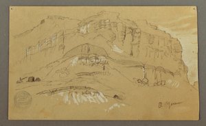 Piirros, El Jemenin laakso, Arabia:  Kallioseinä, 20. helmikuuta 1868 tekijältä Frederic Edwin Church
