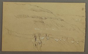 Piirros, El Jemenin laakso, Arabia: Kallioseinä, jonka yläosa muistuttaa pylväsriviä, 20. helmikuuta 1868. tekijältä Frederic Edwin Church