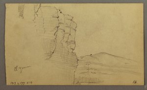 Piirros, El Jemenin laakso, Arabia: Kallioseinä, jonka yläosa muistuttaa pylväsriviä, 20. helmikuuta 1868. tekijältä Frederic Edwin Church
