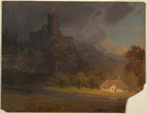 Piirustus, Englannin linna ja mökki, n. 1844. tekijältä Frederic Edwin Church