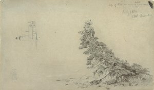 Piirros, Evergreen Tree Near the Shore with a Detail of the Lighthouse and a House, Mount Desert, Maine, heinäkuu 1850. tekijältä Frederic Edwin Church