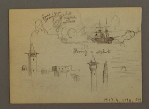 Piirros, Hahmo-opinnot, purjelaiva, sateenkaari, mahdollisesti 1868 tekijältä Frederic Edwin Church