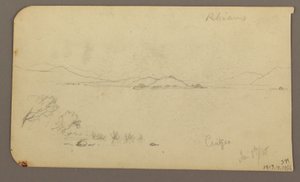 Piirros, Hahmo ja härkävaunu, sypressipuu; Kääntöpuoli: Näkymä Cuitzeojärven yli, tammikuu 1885. tekijältä Frederic Edwin Church