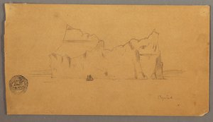 Piirros, kelluva jäävuori ja purjevene, mahdollisesti 1859 tekijältä Frederic Edwin Church