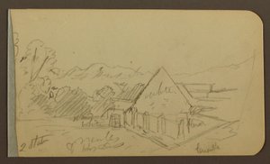 Piirros, puutarha, talo, Cuautla; Kääntöpuoli: kirkko, lato, Cuautla, helmikuu 1885. tekijältä Frederic Edwin Church