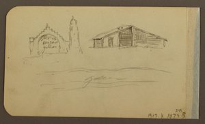 Piirros, puutarha, talo, Cuautla; Kääntöpuoli: kirkko, lato, Cuautla, helmikuu 1885. tekijältä Frederic Edwin Church