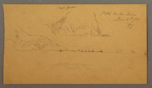 Piirros, satama, purjeveneet, vuoret, 21. kesäkuuta 1859. tekijältä Frederic Edwin Church