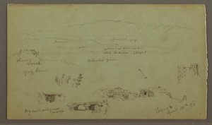 Piirros, Hill Range tasangon poikki, rauniot, 28. huhtikuuta 1868. tekijältä Frederic Edwin Church