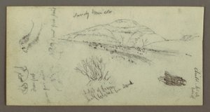 Piirros, kukkula, pensaikko, hahmo, kamelitutkimus, mahdollisesti 1868 tekijältä Frederic Edwin Church