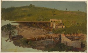 Piirros, kukkula, jolla on viadukteja ja raunioituneita myllyjä, lähellä Catskilliä, New York, n. 1865. tekijältä Frederic Edwin Church