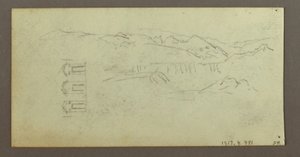 Piirros, hevonen, selkäpuolen hahmo, puita, mahdollisesti 1868 tekijältä Frederic Edwin Church