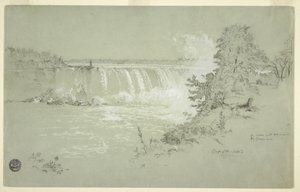 Piirros, Hevosenkengän putoukset ja vuohisaari Kanadan pankista, 6. lokakuuta 1856. tekijältä Frederic Edwin Church