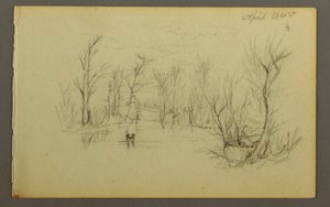 Piirros, Htakie () Pond, kaksi ihmistä kanootissa, 1845. tekijältä Frederic Edwin Church