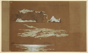 Piirros, Jäävuoria lähellä Cape St. Johnia ja Gull Islandia, Newfoundland, 4. heinäkuuta 1859. tekijältä Frederic Edwin Church
